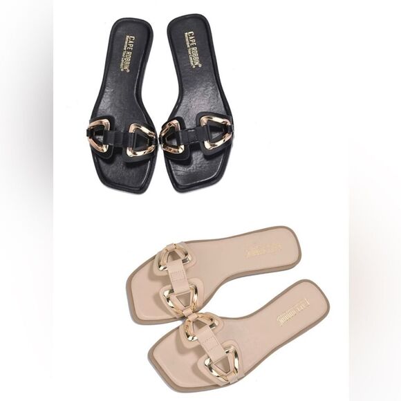 Jocha Stylish Summer Slide Sandals with Gold Accent Chain - Nude & Black - Picture 1 of 8